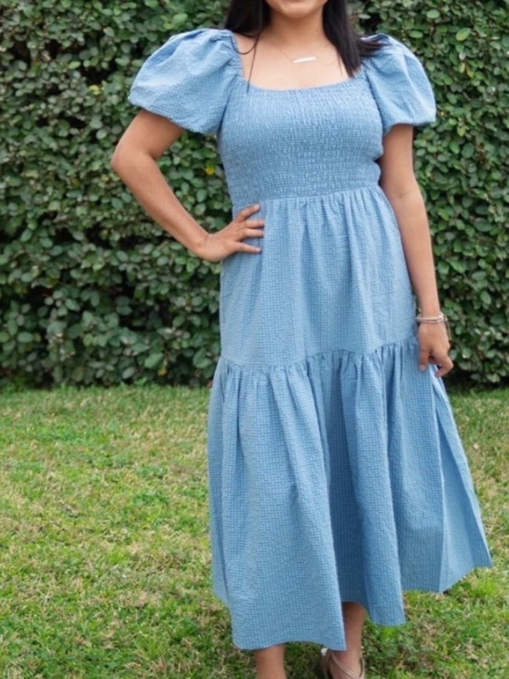 Jessakae Blue Gingham Smocked Puff Sleeve Midi Dress 2XL